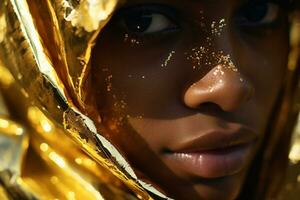 a beautiful woman is in gold paint and wearing a gold covering photo