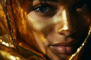 a beautiful woman is in gold paint and wearing a gold covering photo