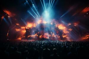 Ai generative Crowded Concert Stage Scenery With Spotlights and Colored Lights realistic image, ultra hd photo