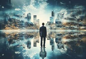 Ai generative A Double Exposure of a Businessman in the Cityscape Embodies Success and Future Plans photo