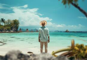 Ai generative back view young tourist man in summer dress and hat standing on beautiful sandy beach. enjoying. photo