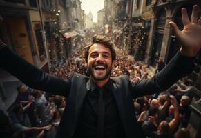 sucessfull business man celebrate his sucess on a crowded street morning picture taken from drone realistic image, ultra hd, high design very detailed photo