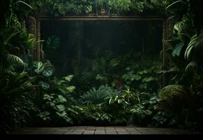 Ai Generative Beautiful jungle background with border made of tropical leaves backdrop with copy space photo