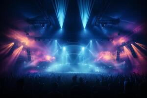 Ai generative Crowded Concert Stage Scenery With Spotlights and Colored Lights realistic image, ultra hd photo