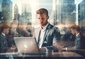 Ai generative double exposure photo of a business man using laptop on his desk front view office background realistic image, ultra hd, high design very detailed