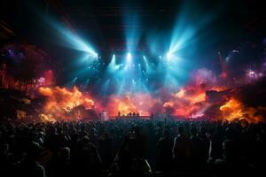 Ai generative Crowded Concert Stage Scenery With Spotlights and Colored Lights realistic image, ultra hd photo