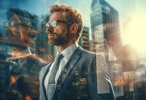 Ai generative A Double Exposure of a Businessman in the Cityscape Embodies Success and Future Plans photo