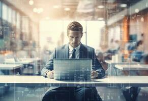 ai generativo doble exposición foto de un negocio hombre utilizando ordenador portátil en su escritorio frente ver oficina antecedentes