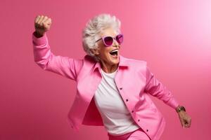 elderly woman happy dance on bokeh style background photo