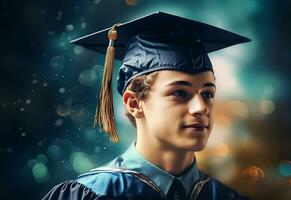 Ai Generative Double exposure photo of Young man with graduation cap technology background realistic image