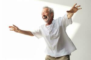 elderly man happy dance on bokeh style background photo