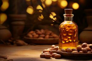 an almond oil based liquid surrounded by almonds and nuts in fashion style photo