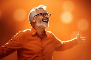 elderly man happy dance on bokeh style background photo