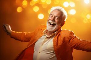 elderly man happy dance on bokeh style background photo