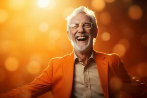elderly man happy dance on bokeh style background photo