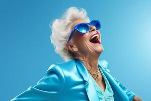 elderly woman happy dance on bokeh style background photo