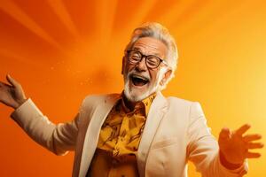 elderly man happy dance on bokeh style background photo