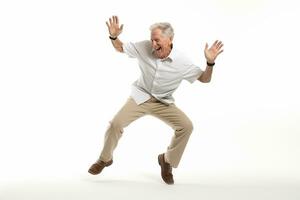 elderly man happy dance on bokeh style background photo