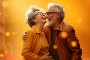 a elderly couple dancing happily and looking to each other in happiness photo