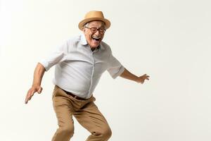 elderly man happy dance on bokeh style background photo