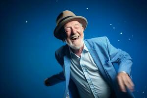 elderly man happy dance on bokeh style background photo