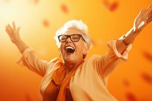 elderly woman happy dance on bokeh style background photo