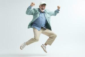 elderly man happy dance on bokeh style background photo