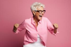 elderly woman happy dance on bokeh style background photo