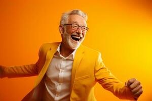 elderly man happy dance on bokeh style background photo