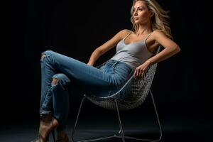 beautiful woman wearing jeans sitting in a dark chair with a spotlight photo