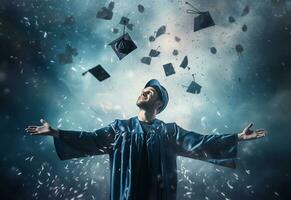 Ai generative Double exposure photo of Young man throwing graduation cap technology background realistic image