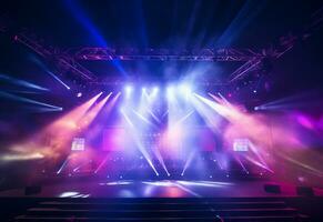 Ai generative Concert Stage Scenery With Spotlights Colored Lights Smoke photo