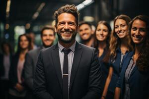 Ai Generative group of happy business man and business women, dressed in suits are smiling, in the office photo