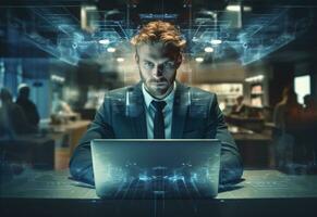 Ai Generative double exposure photo of a business man using laptop on his desk front view office background