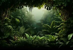 Ai Generative Beautiful jungle background with border made of tropical leaves backdrop with copy space photo