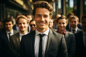 Ai Generative group of happy business man and business women, dressed in suits are smiling, in the office photo