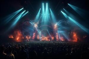 Ai generative Crowded Concert Stage Scenery With Spotlights and Colored Lights realistic image, ultra hd photo