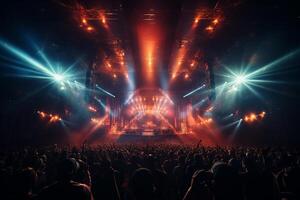 Ai generative Crowded Concert Stage Scenery With Spotlights and Colored Lights realistic image, ultra hd photo