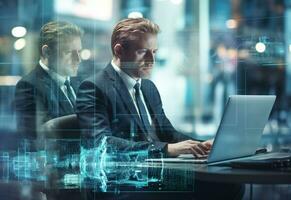 Ai Generative double exposure photo of a business man using laptop on his desk front view office background