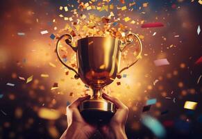 ai generativo mano participación oro trofeo taza con papel picado. celebrando con trofeo premio para éxito realista foto