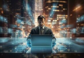 Ai generative double exposure photo of a business man using laptop on his desk front view office background realistic image, ultra hd, high design very detailed