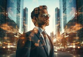 Ai generative A Double Exposure of a Businessman in the Cityscape Embodies Success and Future Plans photo