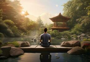 ai generative photo of a man practicing mindfulness and meditation in a peaceful natural environment sony A7s realistic image, ultra hd, high design very detailed