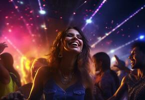 ai generativo fiesta escena desde un festivo noche club con contento personas y amigos sony a7s realista imagen foto