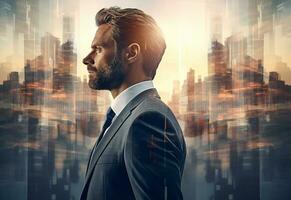 Ai generative A Double Exposure of a Businessman in the Cityscape Embodies Success and Future Plans photo