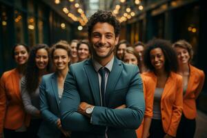 Ai Generative group of happy business man and business women, dressed in suits are smiling, in the office photo