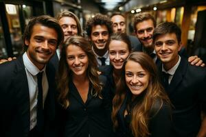 ai generativo grupo de contento negocio hombre y negocio mujer, vestido en trajes son sonriente, en el oficina foto