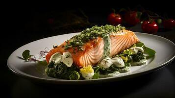 Photo of Spinach and Feta Stuffed Salmon as a dish in a high-end restaurant. Generative AI