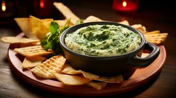 Photo of Spinach and Cheese Dip as a dish in a high-end restaurant. Generative AI