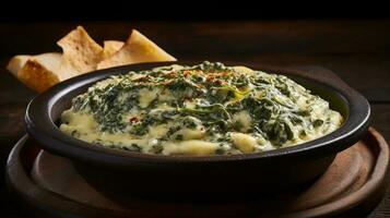 Photo of Spinach and Cheese Dip as a dish in a high-end restaurant. Generative AI